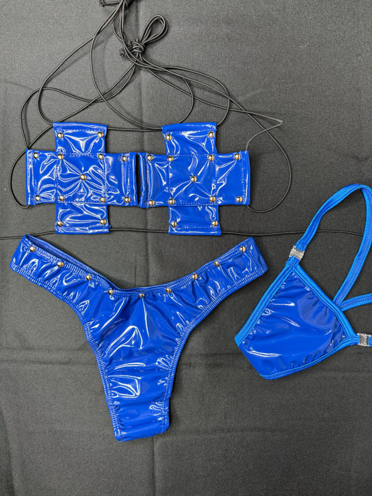 Blue Latex Two-Piece Exotic Dancer Bikini Outfit