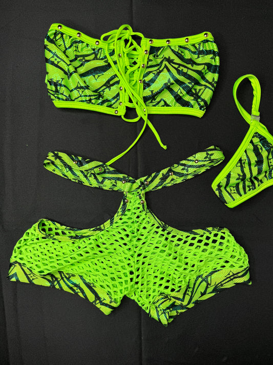 Neon Green Tiger Stripe Two-Piece Exotic Dancer Outfit