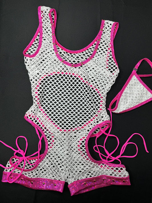 Hot Pink/White Fishnet Romper Exotic Dancer Outfit