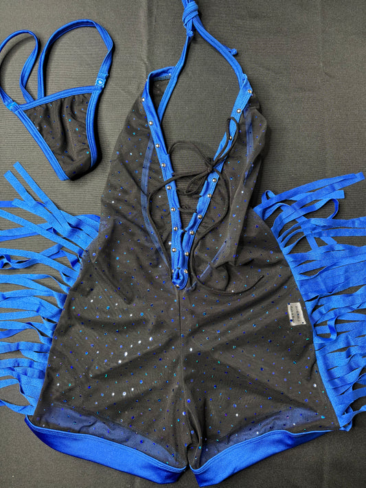 Black/Royal Blue One-Piece Fringe Stripper Outfit