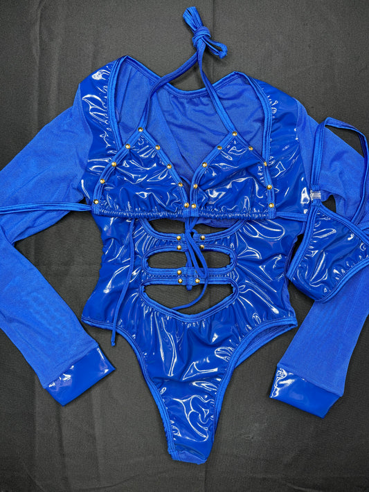 Royal Blue Latex Leotard Long Sleeve One-Piece Outfit