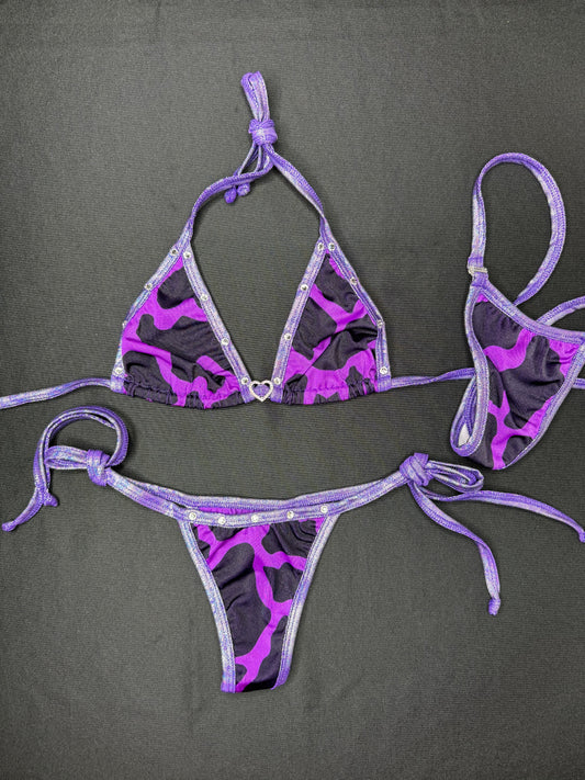 Metallic Purple/Purple Cow Print Two-Piece Side-Tie Bikini Lingerie Outfit