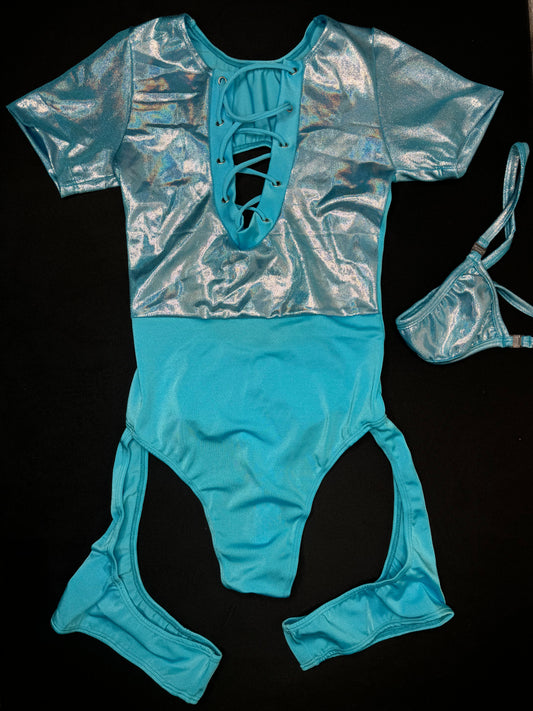 Mystic Blue One-Piece Leotard/Garters Bartender Lingerie Outfit