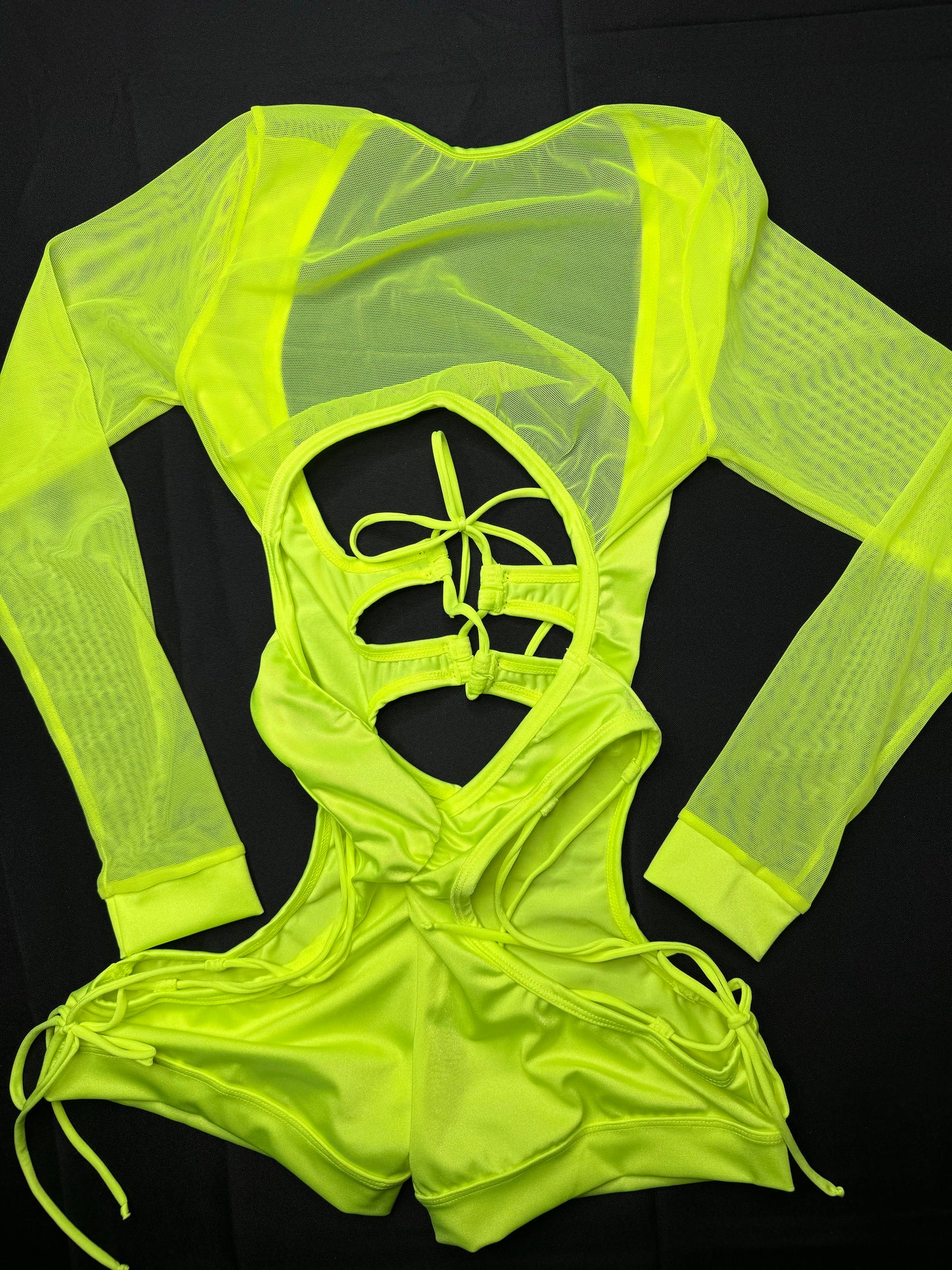 One-Piece Neon Yellow Stretch Fabric/Mesh Romper Stripper Outfit