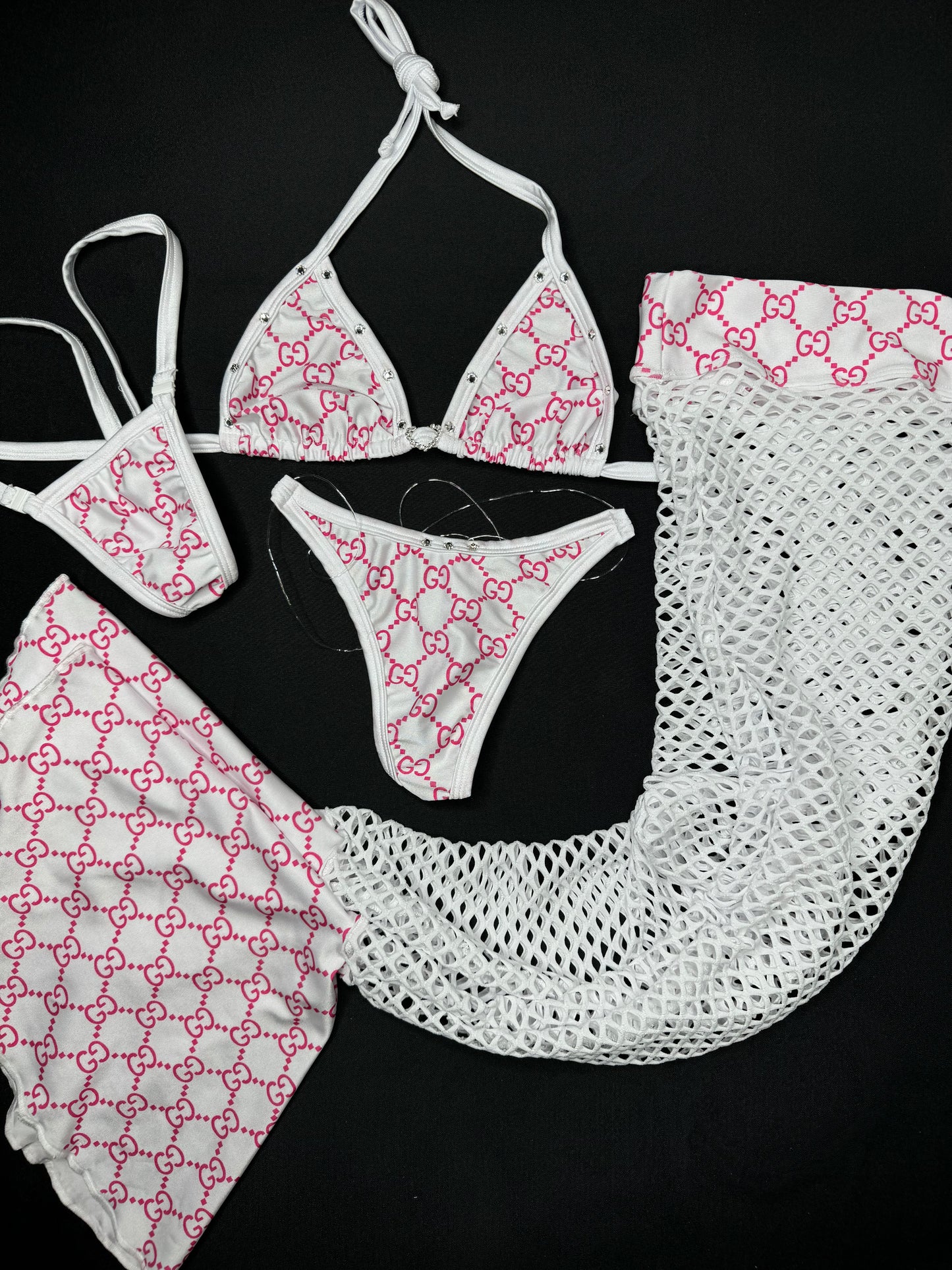 White Fishnet/Pink Designer Bikini Leg Outfit