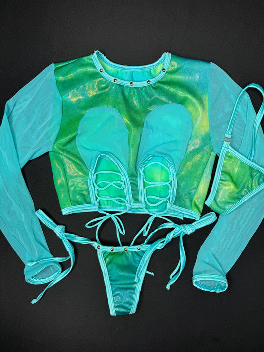 Green Ombré Spandex/Aqua Mesh Long Sleeve/Side-Tie Bikini Bottoms Lingerie Outfit