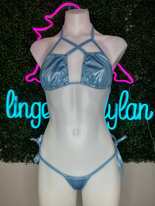 Metallic Baby Blue Two-Piece Bikini Outfit Exotic Dancer Lingerie