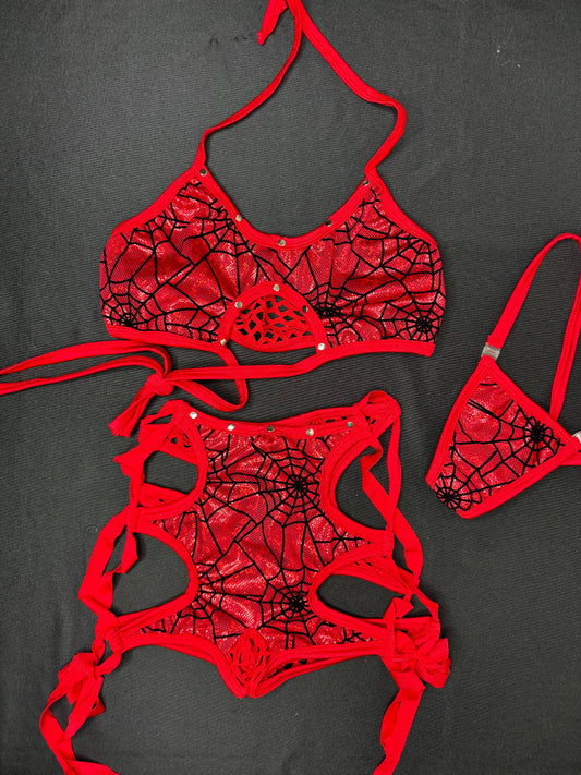 Red Web/Red Fishnet Sports Bra/Shorts Two-Piece Lingerie Outfit