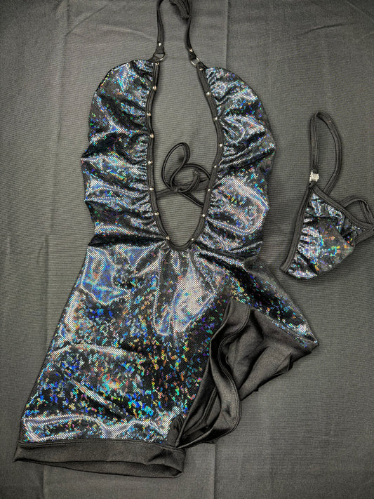Metallic Black One-Piece Ripped Back Exotic Dancer Outfit