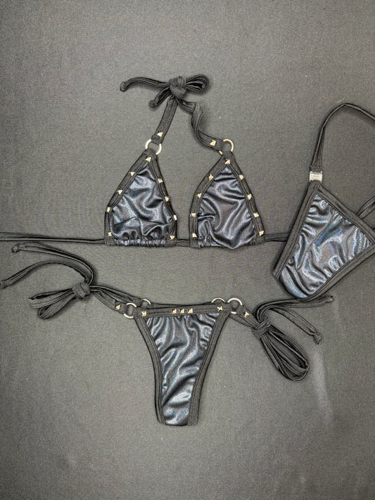 Metallic Black/Black Two-Piece Bikini Lingerie Outfit