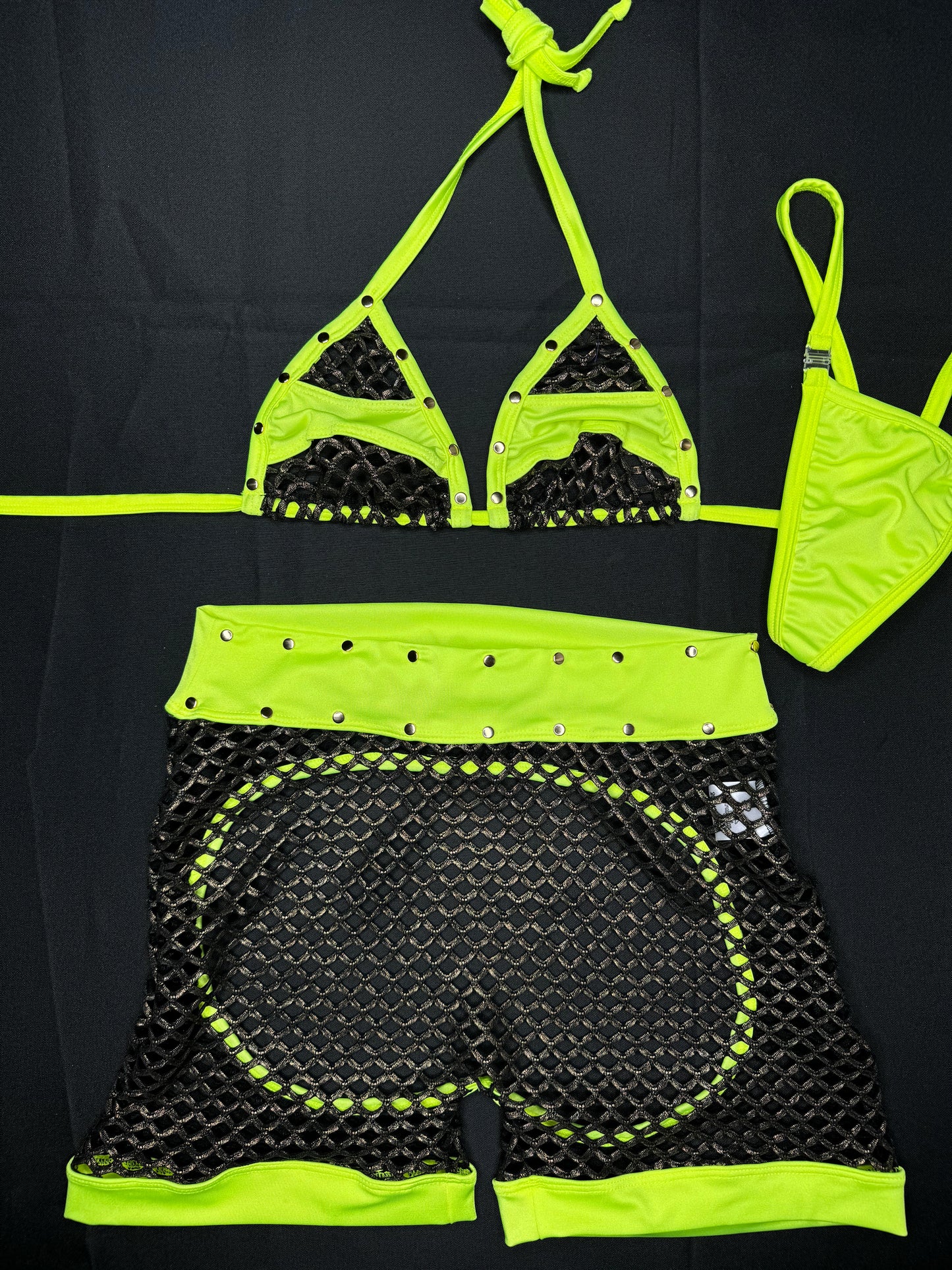 Gold/Black Fishnet/Neon Yellow Two-Piece Chaps Lingerie Outfit
