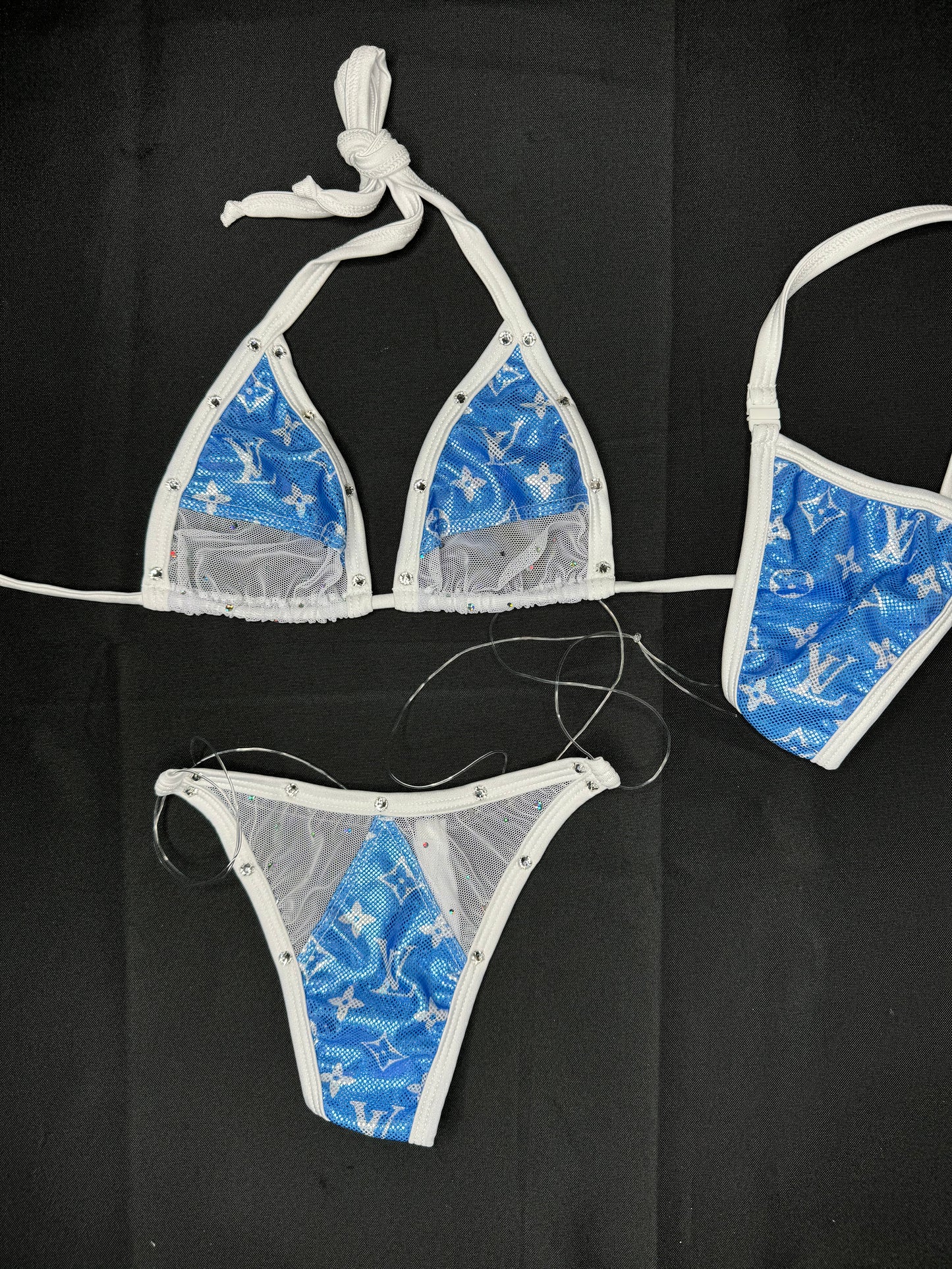 Metallic Blue Designer/White Mesh Two-Piece Lingeire Bikini Outfit