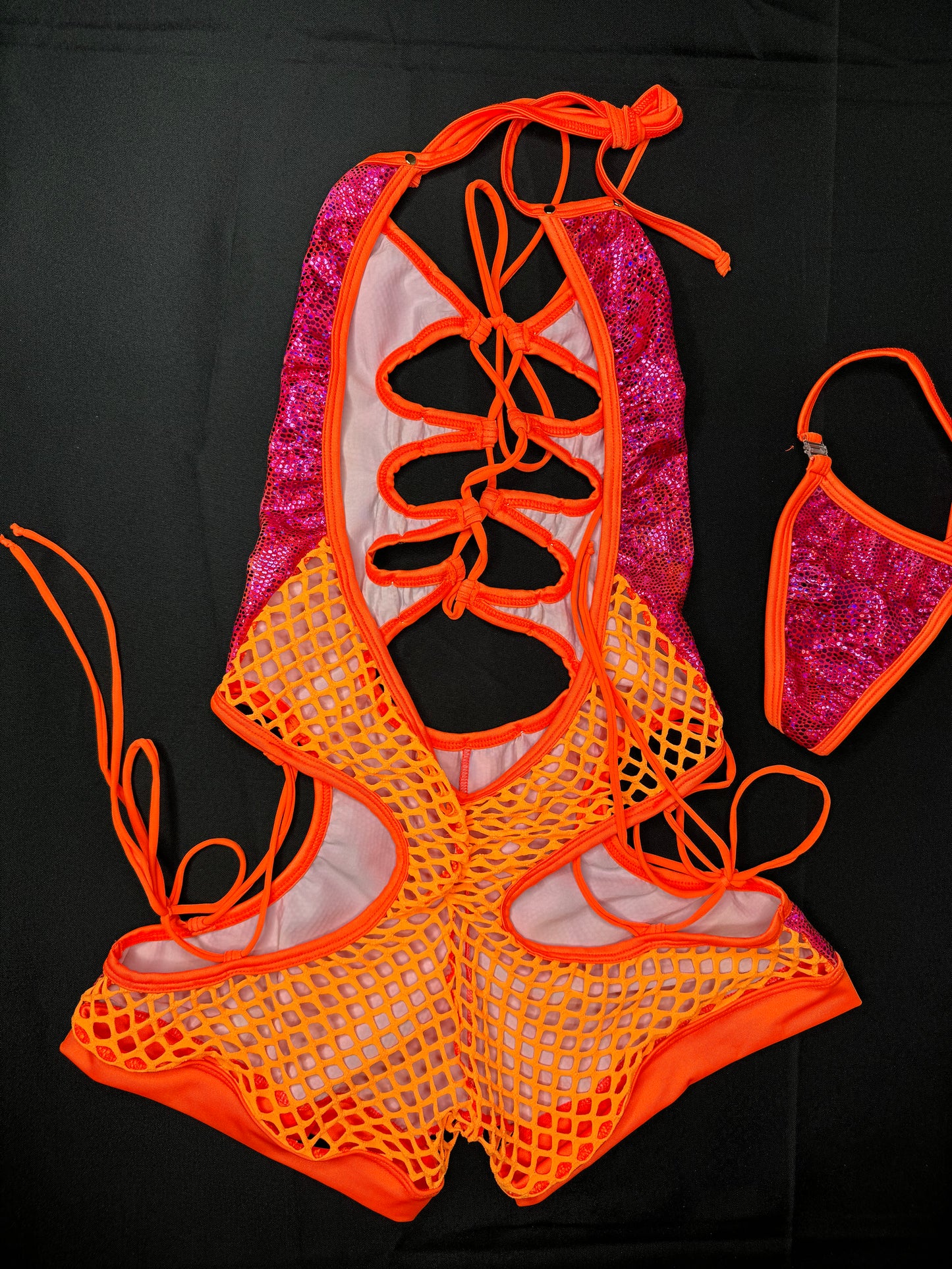 Orange/Metallic Hot Pink One-Piece Lingerie Outfit