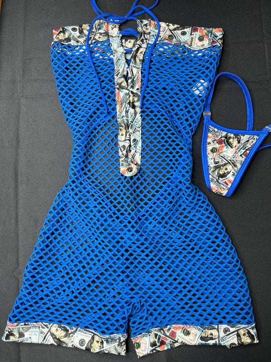 Royal Blue Fishnet/Royal Blue $100 Bill Blueface Fabric One-Piece Exotic Dancer Outfit