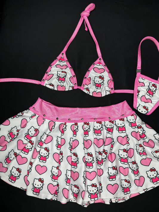 Mystic Pink Spandex/Heart Kitty Fabric Two-Piece Bikini Top/Skirt Lingerie Outfit