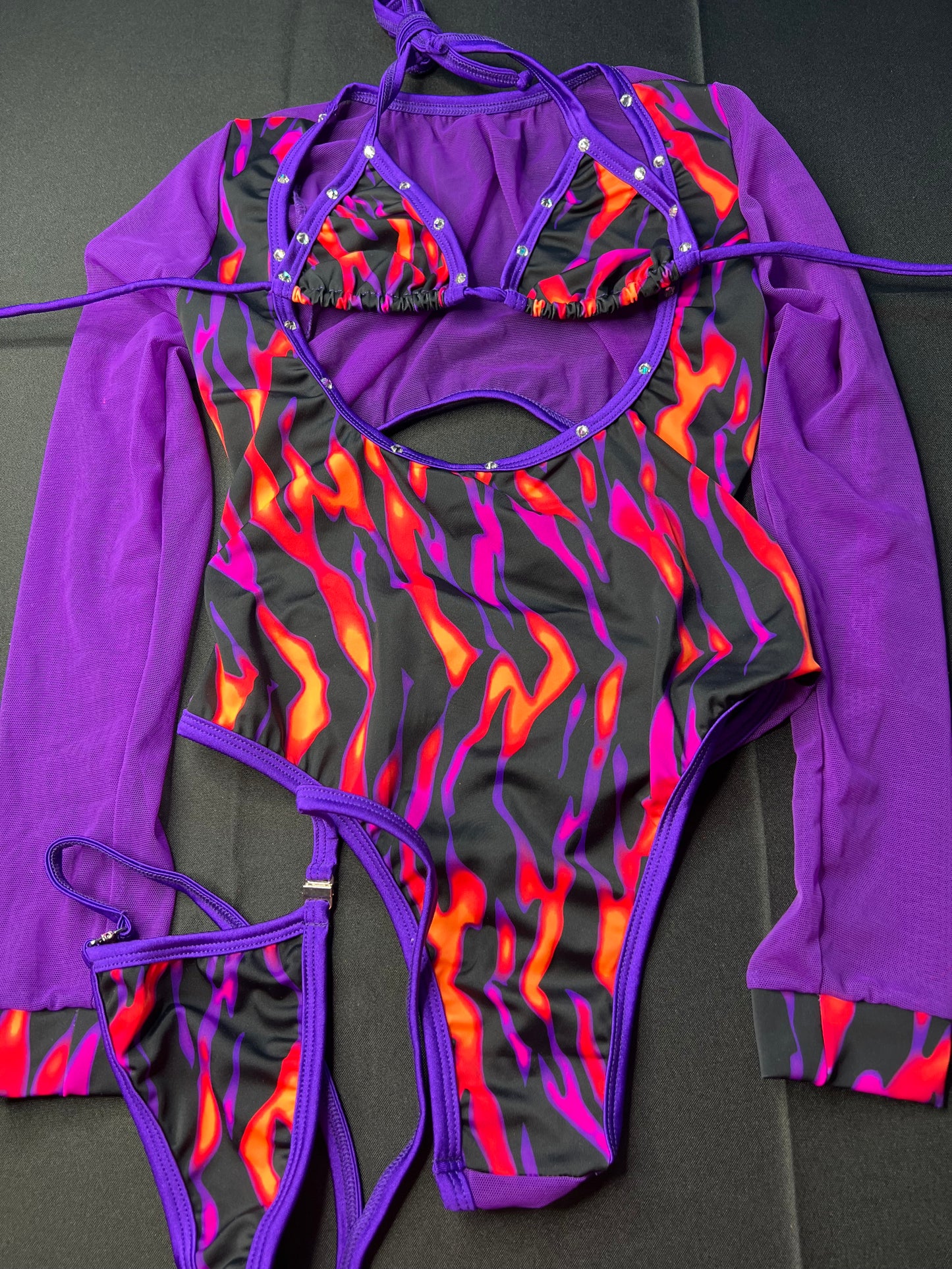 Purple Mesh/Black Flame Print Spandex Long Sleeve Leotard