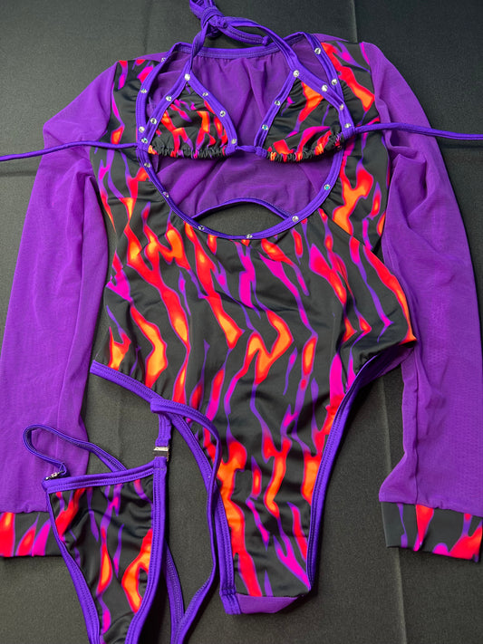Purple Mesh/Black Flame Print Spandex Long Sleeve Leotard