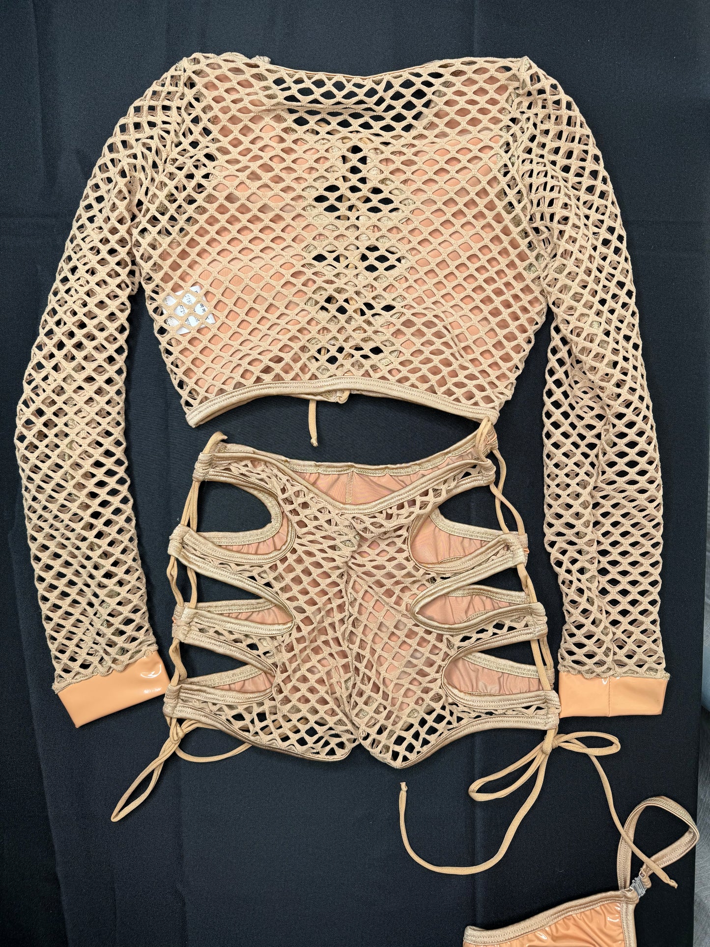 Mocha Latex/Beige Fishnet Two-Piece Exotic Dancer Outfit