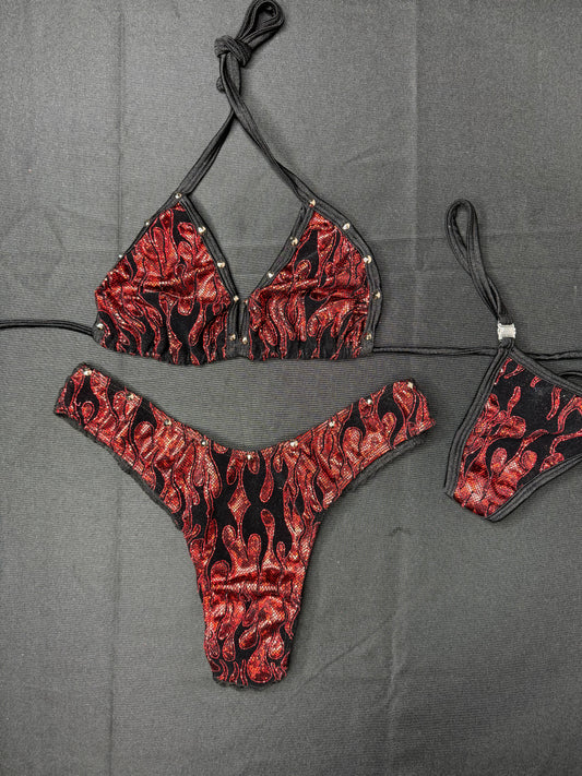 Red Glitter Flame Cheeky Thong Two-Piece Bikini Exotic Dancer Outfit