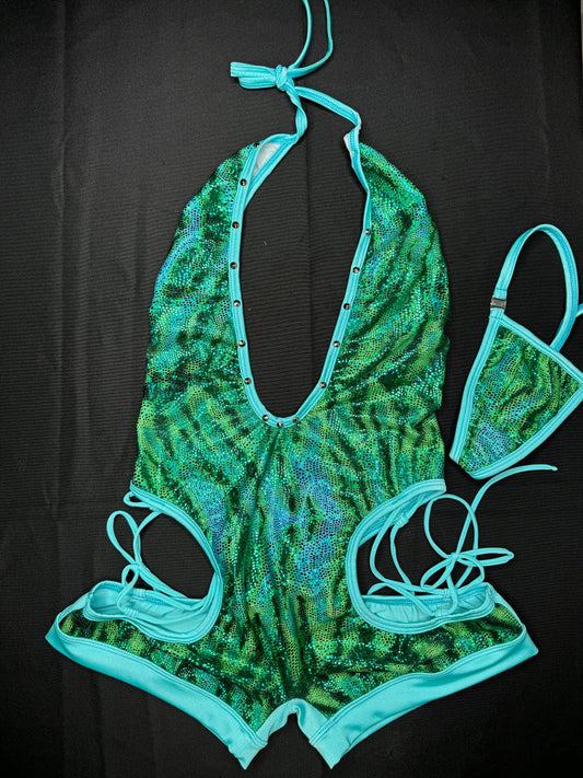 Metallic Green Tiger Stripes One-Piece Exotic Dancer Outfit