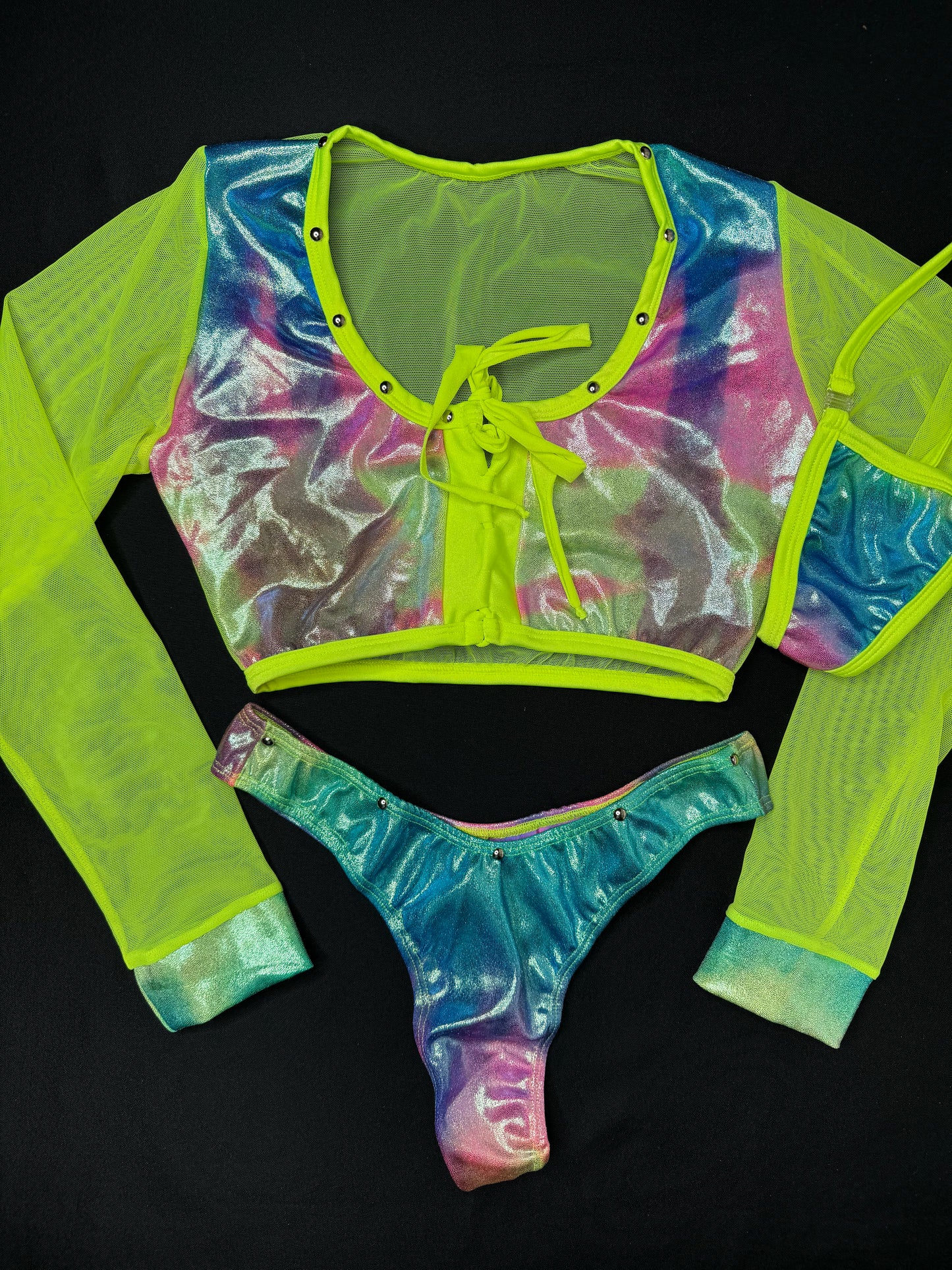 Rainbow/Neon Yellow Long Sleeve/Cheeky Thong Two-Piece Lingerie Outfit