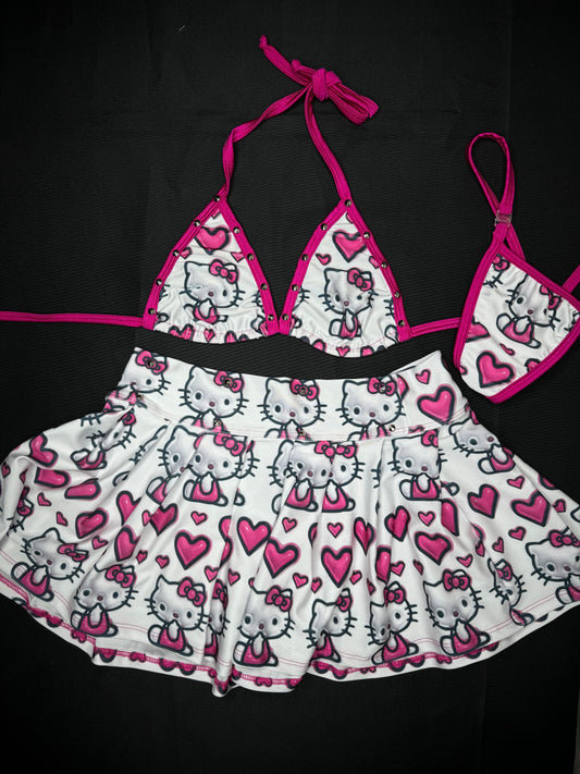 White/Pink Kitty Hearts Two-Piece Skirt Lingerie Outfit