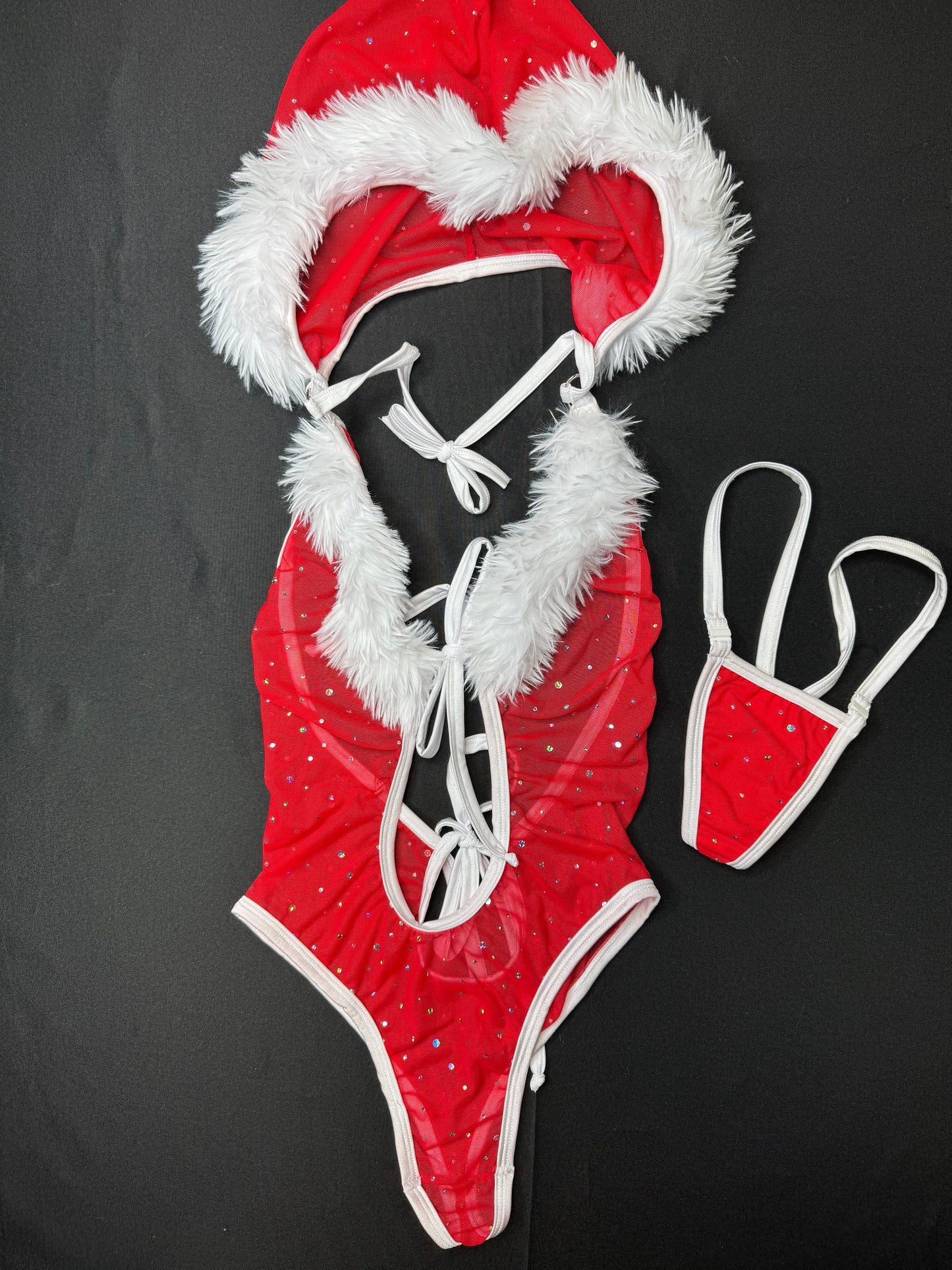 Red Sparkle Mesh/White Fur Hood One-Piece Lingerie Outfit