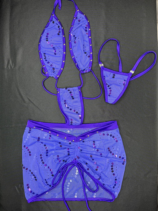 Three-Piece Purple Mesh Sling-Shot Skirt Lingerie Outfit