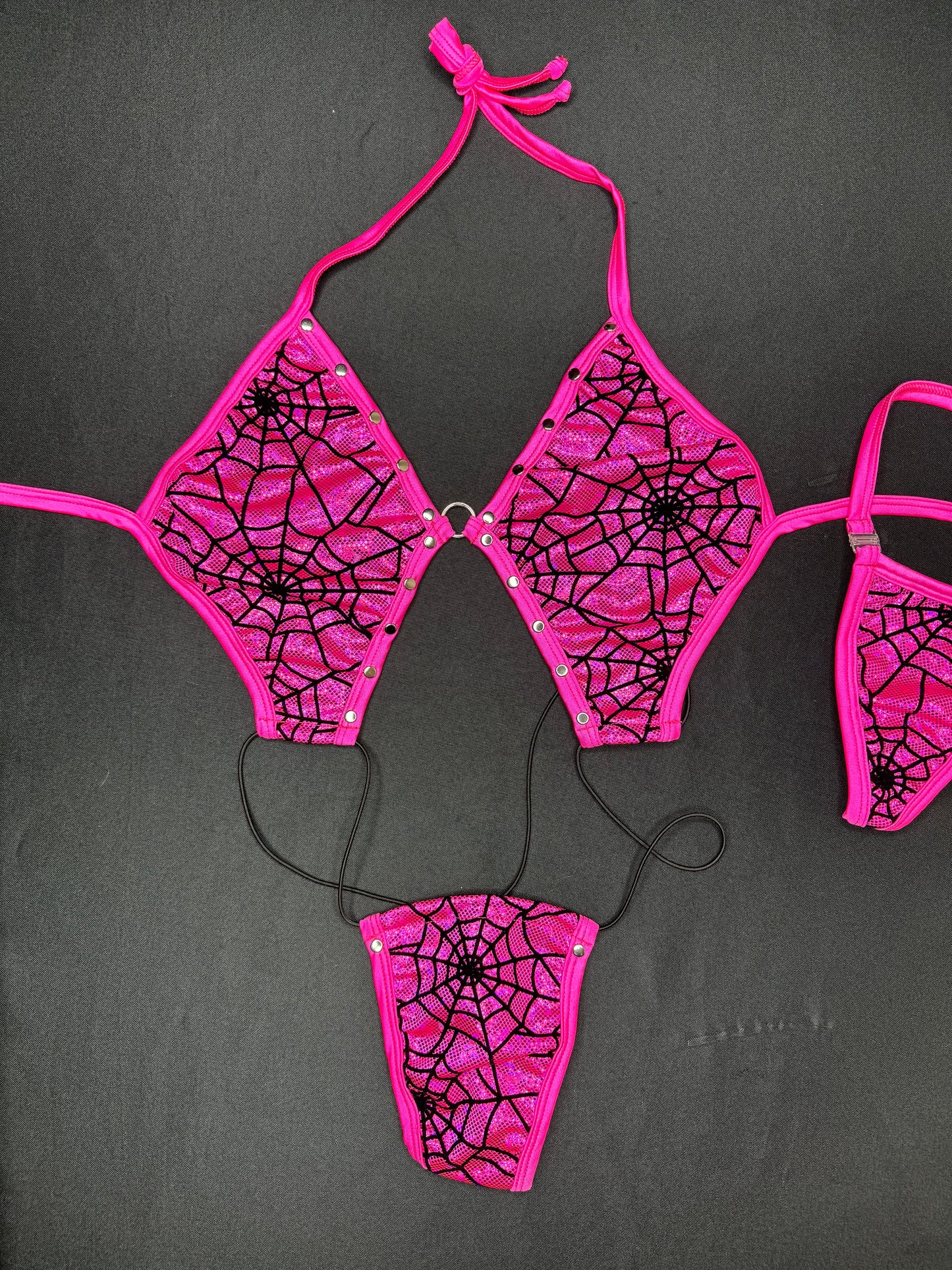 Metallic Hot Pink Spider Web One-Piece Slingshot Lingerie Outfit