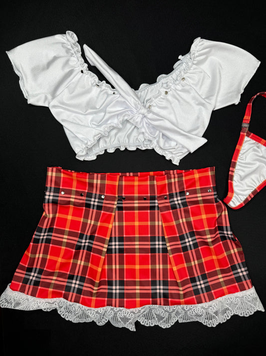 White/Red Plaid Two-Piece School Girl Lingerie Outfit