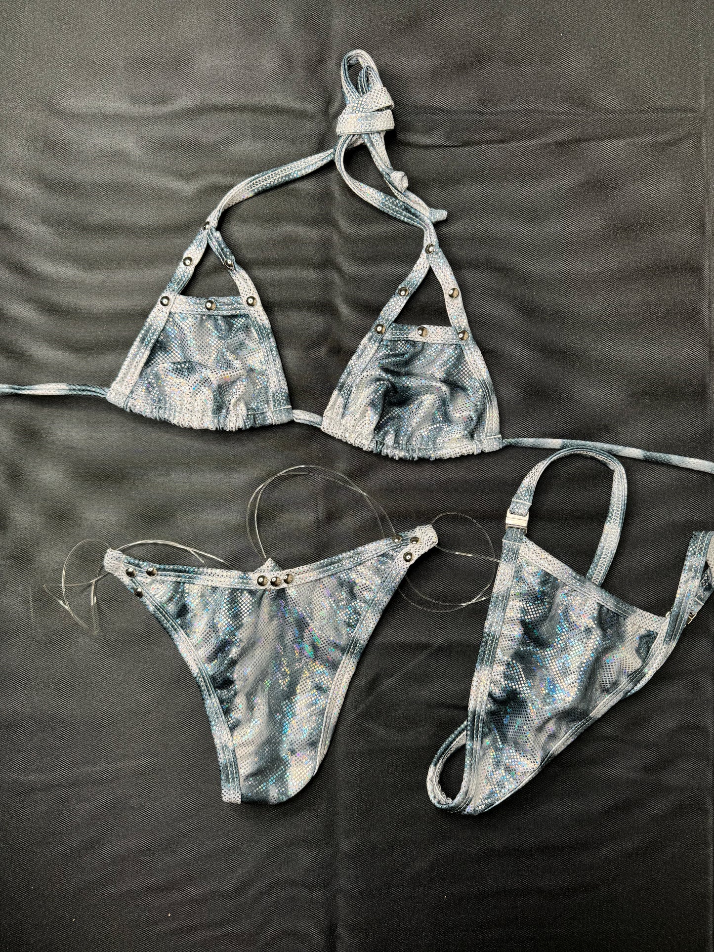 silver/blue two-piece bikini stripper outfit