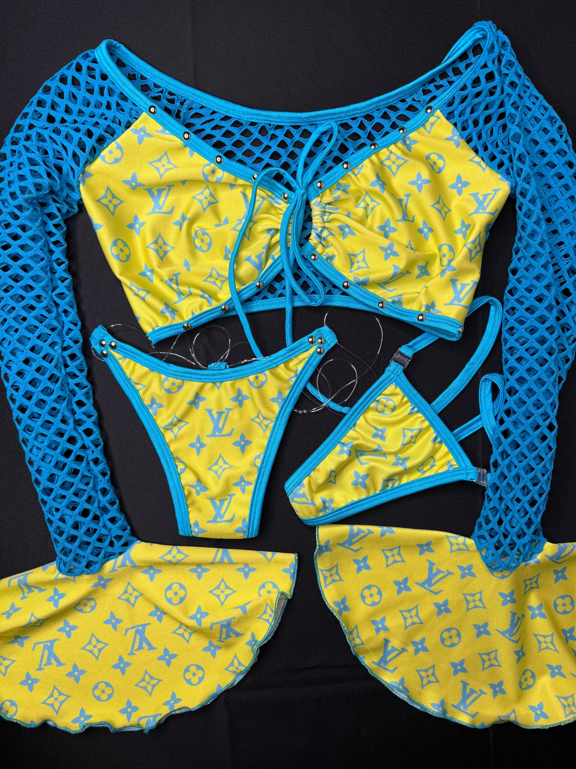 Yellow/Turquoise Long Sleeve Two-Piece Stripper Outfit