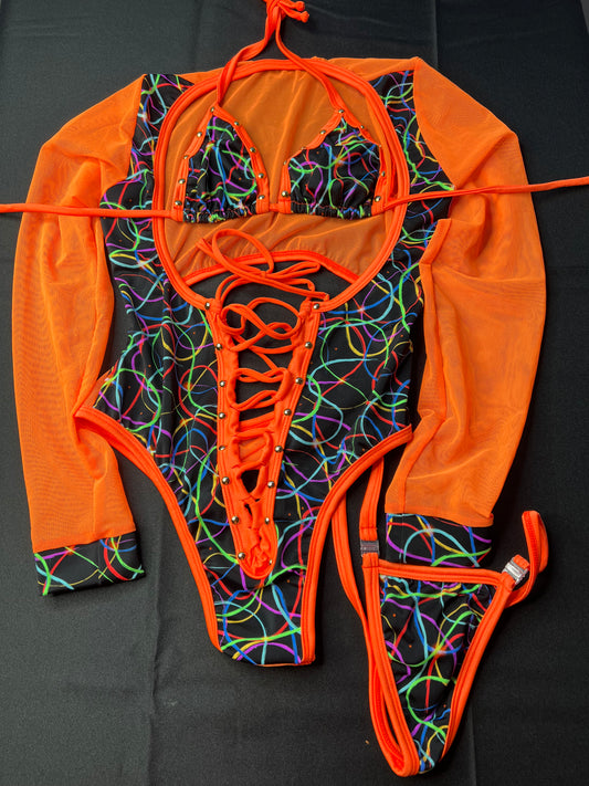 Party Spandex Fabric & Orange Mesh Leotard Lingerie Outfit