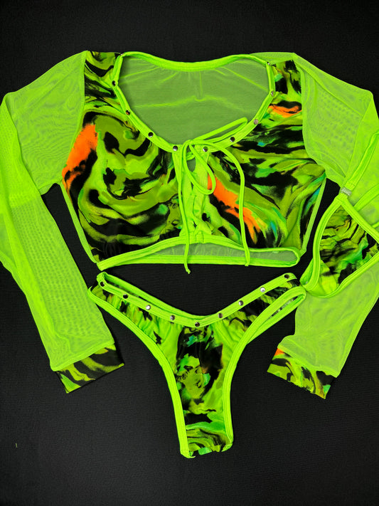 Cosmic Neon Green Mesh Long Sleeve Two-Piece Lingerie Outfit