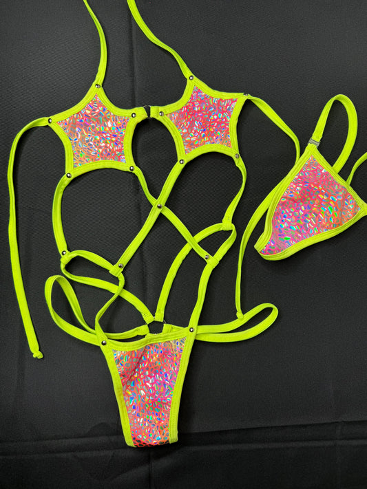 Neon Yellow/Pink Holographic Star Top One-Piece Outfit