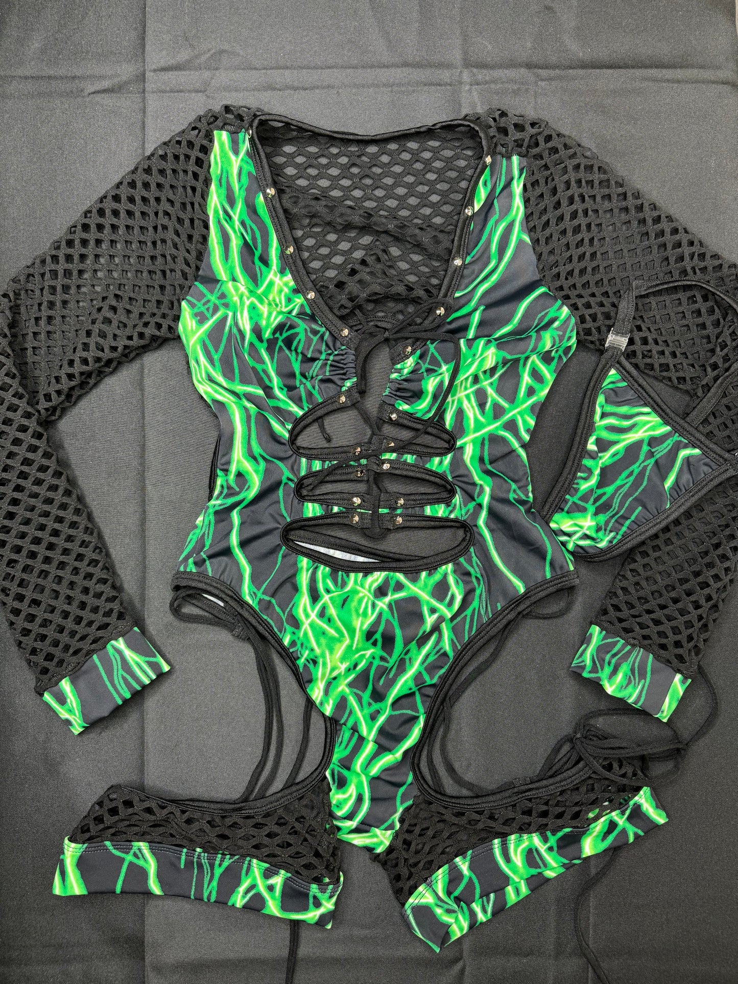 Green Thunder Print/Black Fishnet One-Piece Bartender Romper Outfit