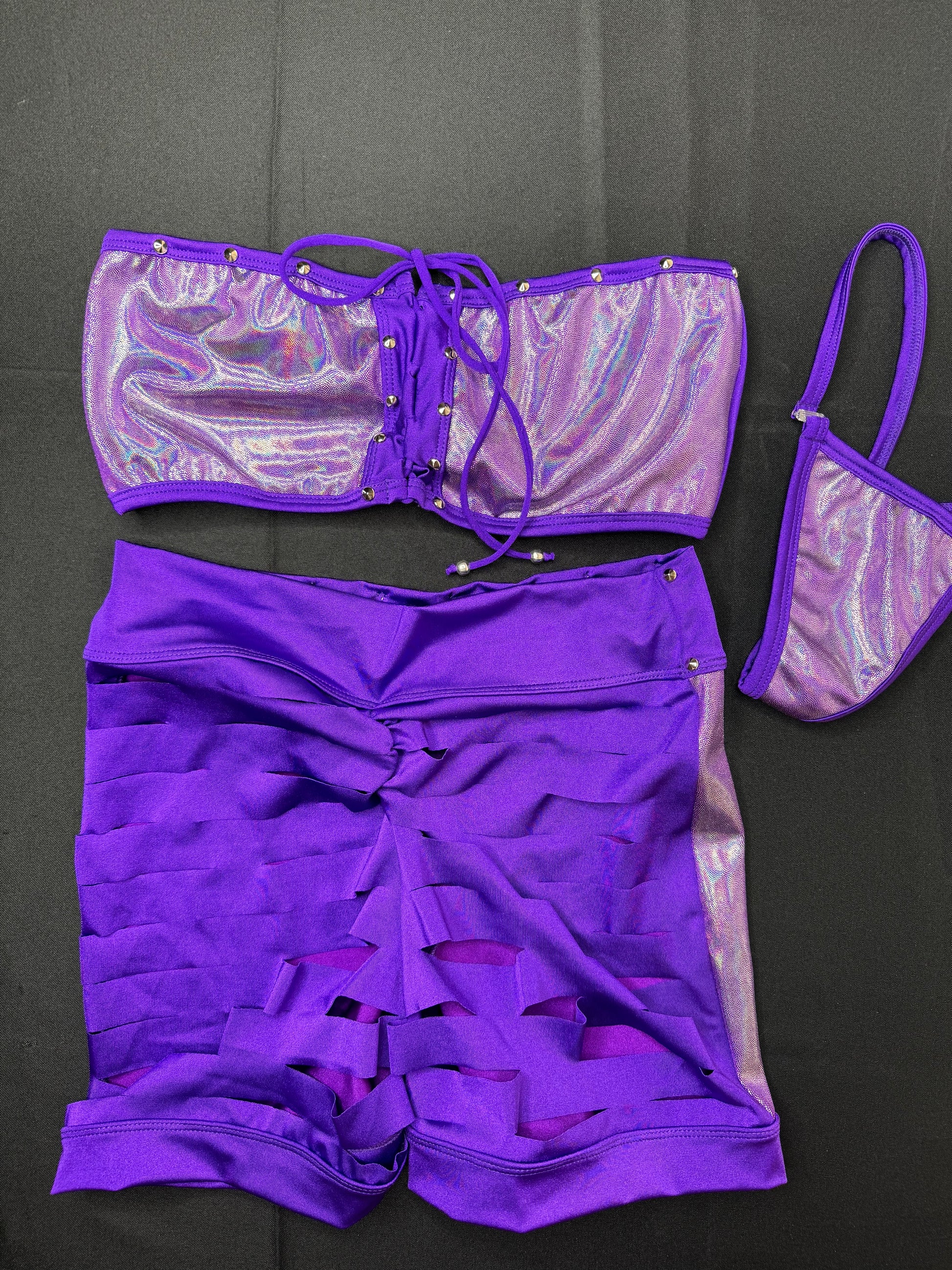 Metallic Purple/Purple Two-Piece Ripped Back Shorts Lingerie Outfit
