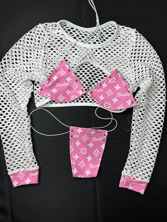 baby pink/white three-piece stripper outfit