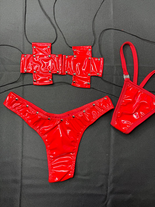 Red Latex Two-Piece Bikini Lingerie Outfit