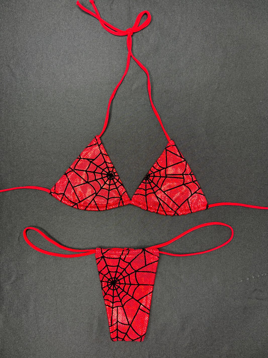 Red Web Print Two-Piece Micro Bikini Lingerie Outfit