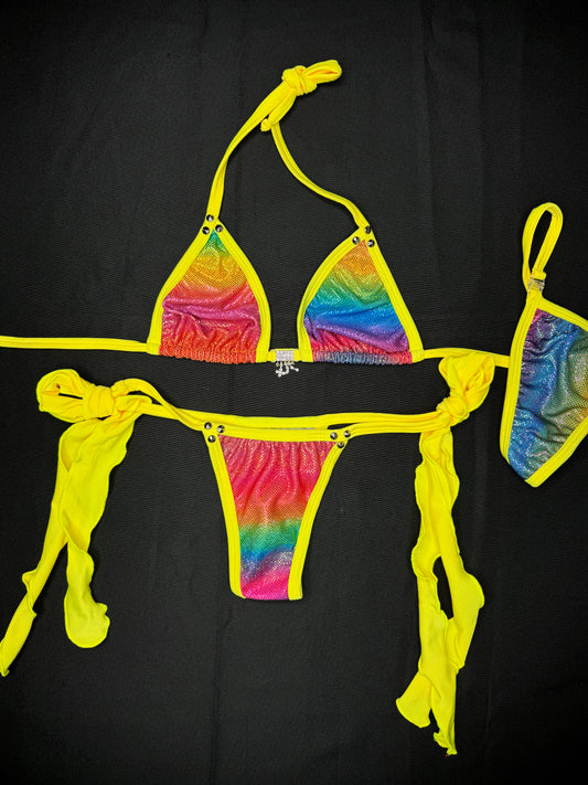 Neon Yellow/Metallic Rainbow Pride Two-Piece Bikini Lingerie Outfit