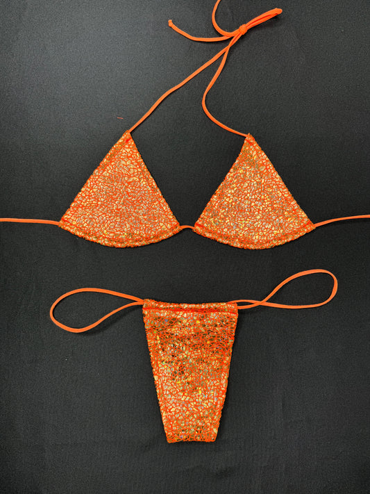 Metallic Orange Two-Piece Micro Bikini Lingerie Outfit