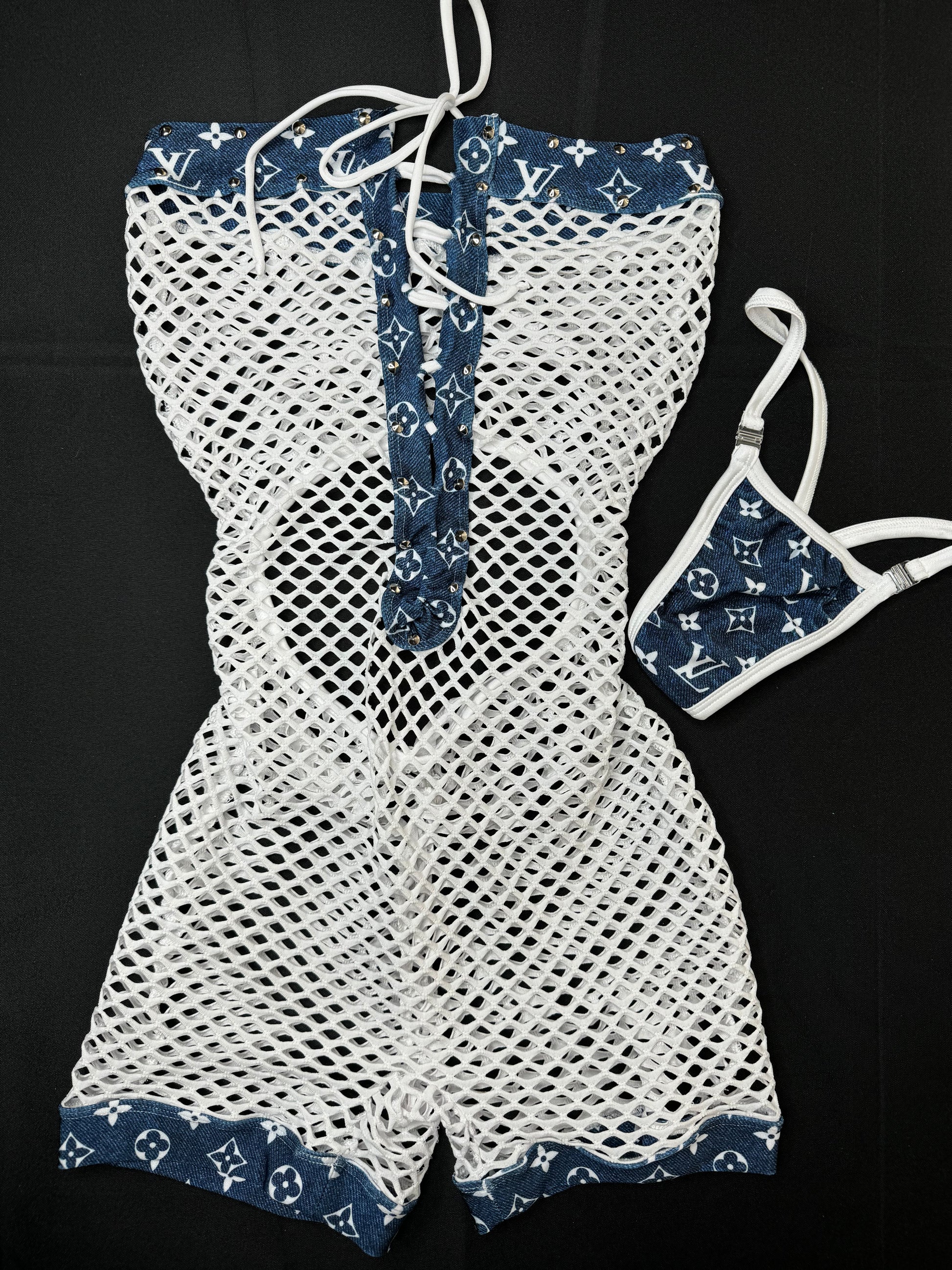 Denim Spandex/White Fishnet One-Piece Exotic Dancer Outfit