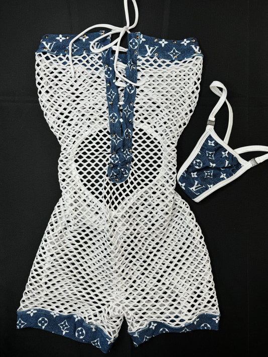 Denim Spandex/White Fishnet One-Piece Exotic Dancer Outfit