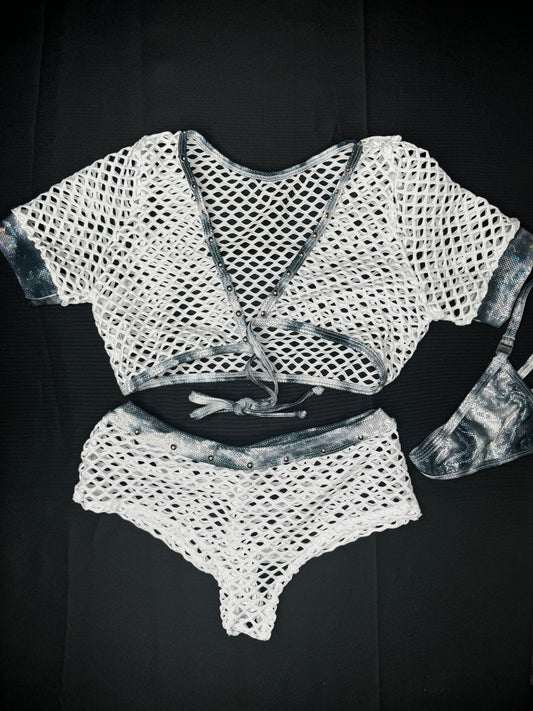 Metallic White/Blue Spandex/White Fishnet Two-Piece Lingerie Outfit