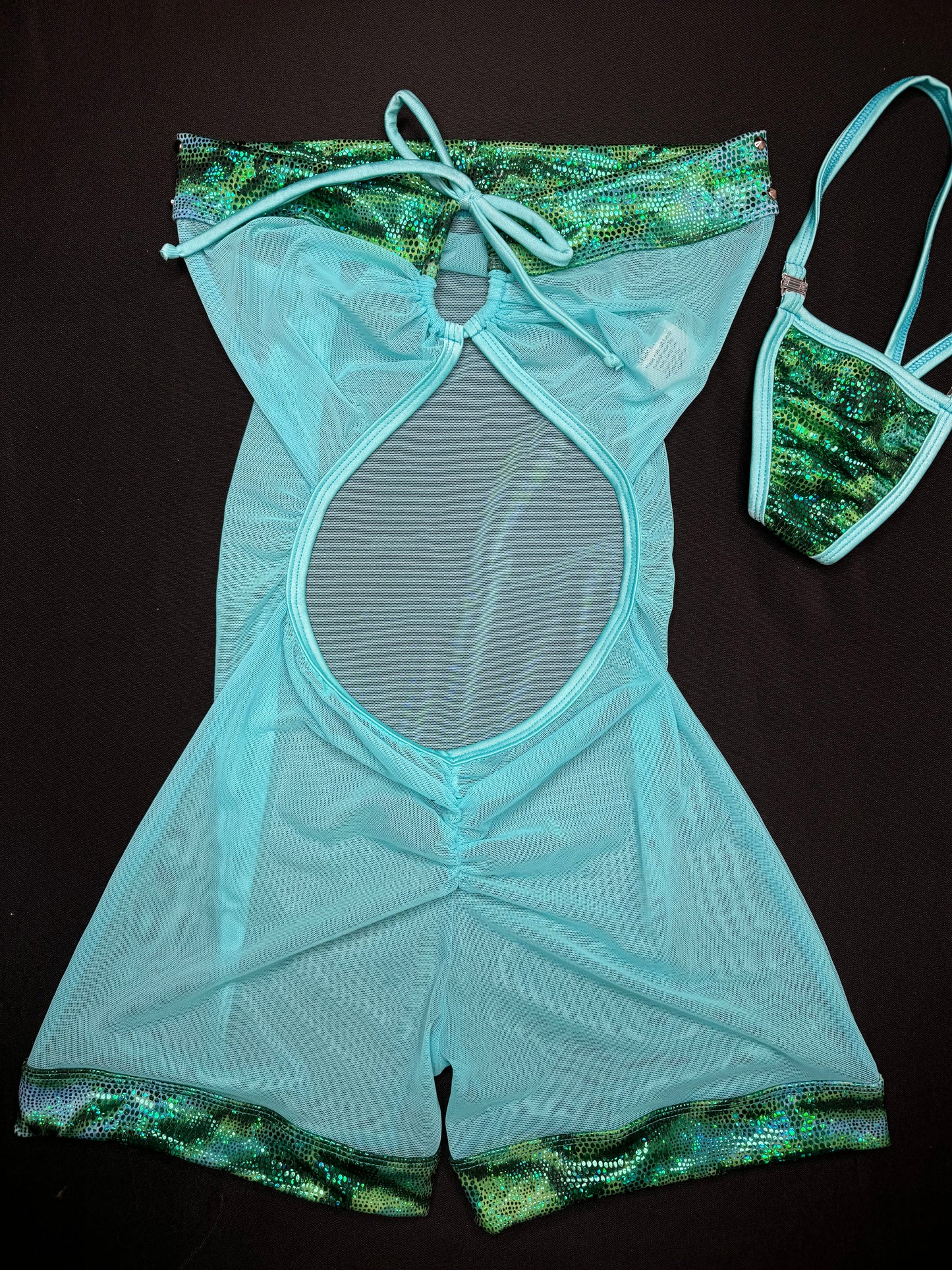 Metallic Green/Blue Mesh One-Piece Lingerie Outfit