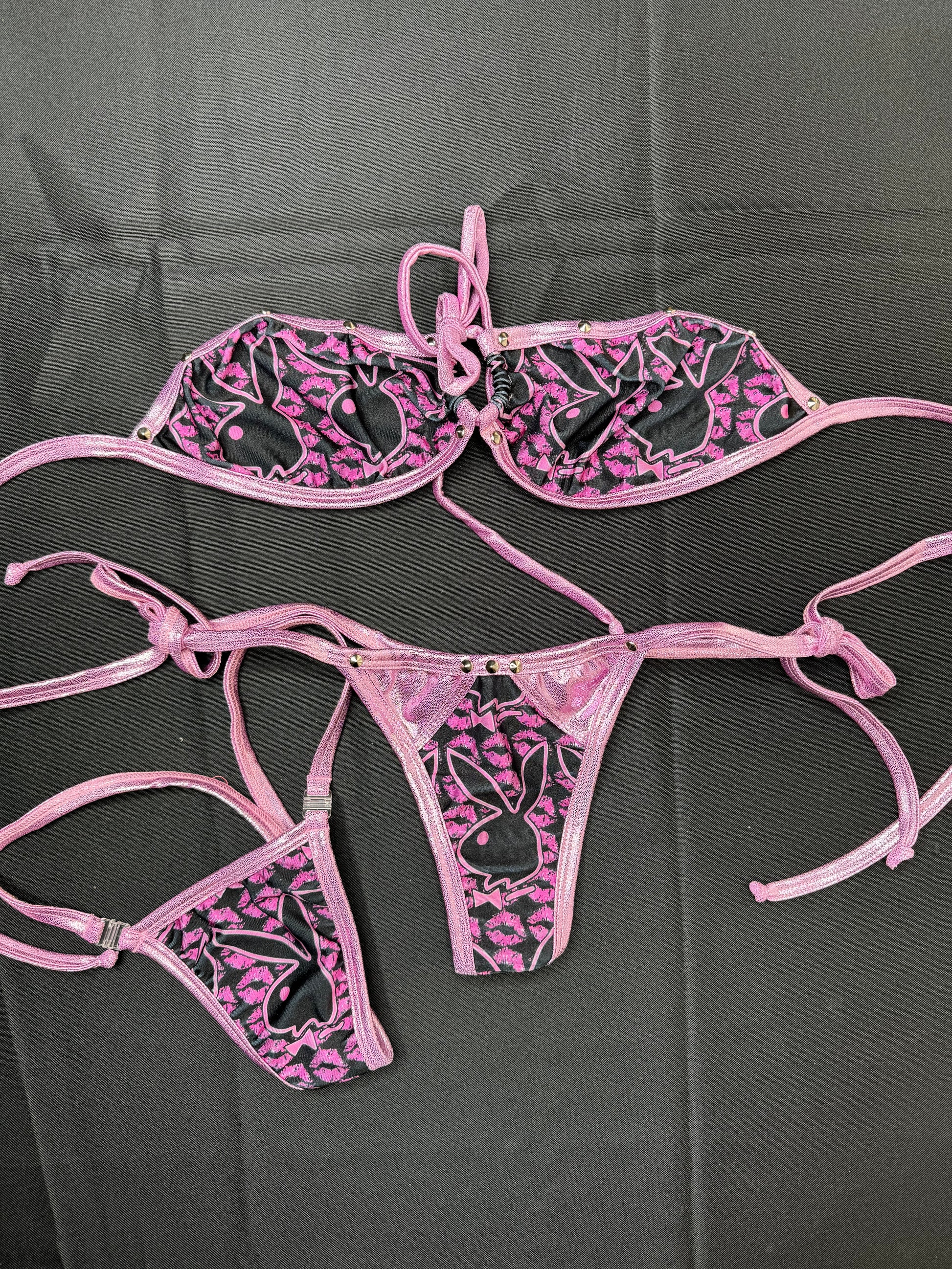 Metallic Pink/Black Side Tie Bunny Bikini Outift