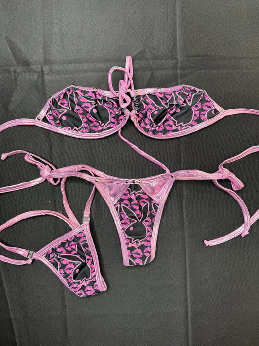 Metallic Pink/Black Side Tie Bunny Bikini Outift