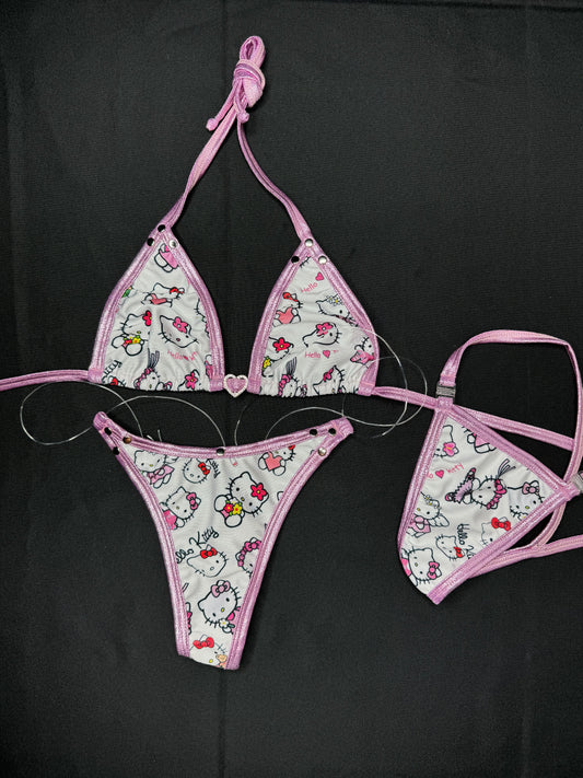 Metallic Pink/White Kitty Two-Piece Bikini Outfit