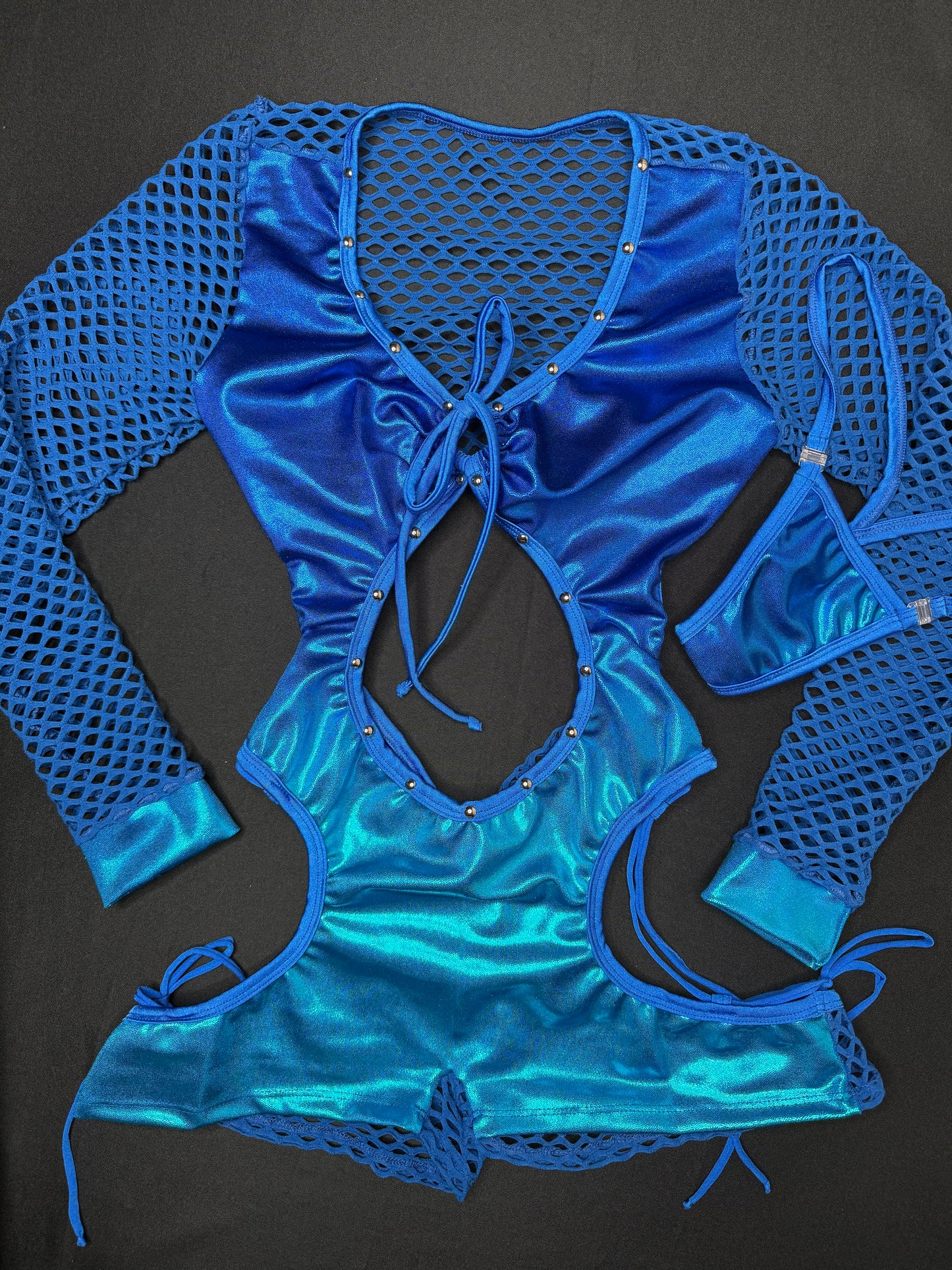 Royal Blue Fishnet/Spandex Ombré One-Piece Romper Lingerie Outfit